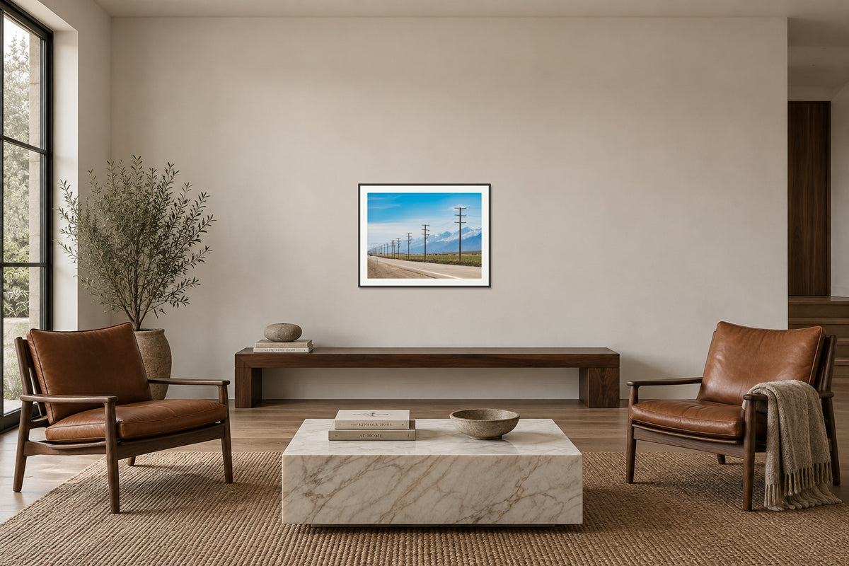 
Goin' West fine art print, 30×40 in black frame, sitting room mockup