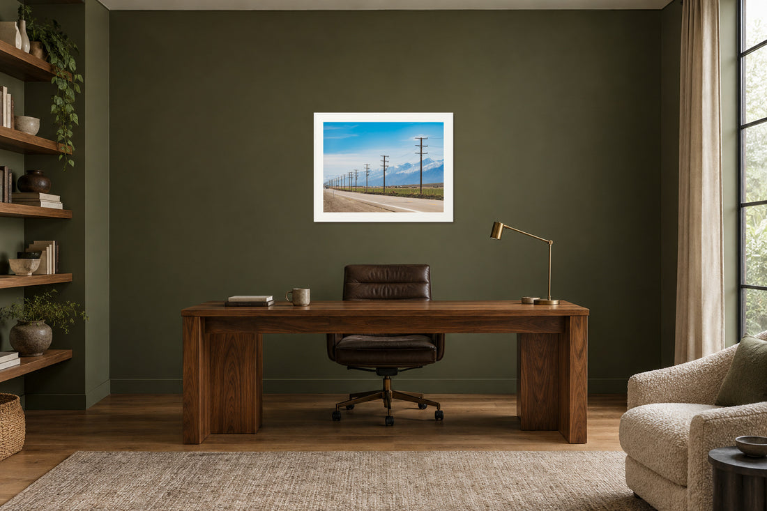 
Goin' West fine art print, 30×40 in white frame, office mockup