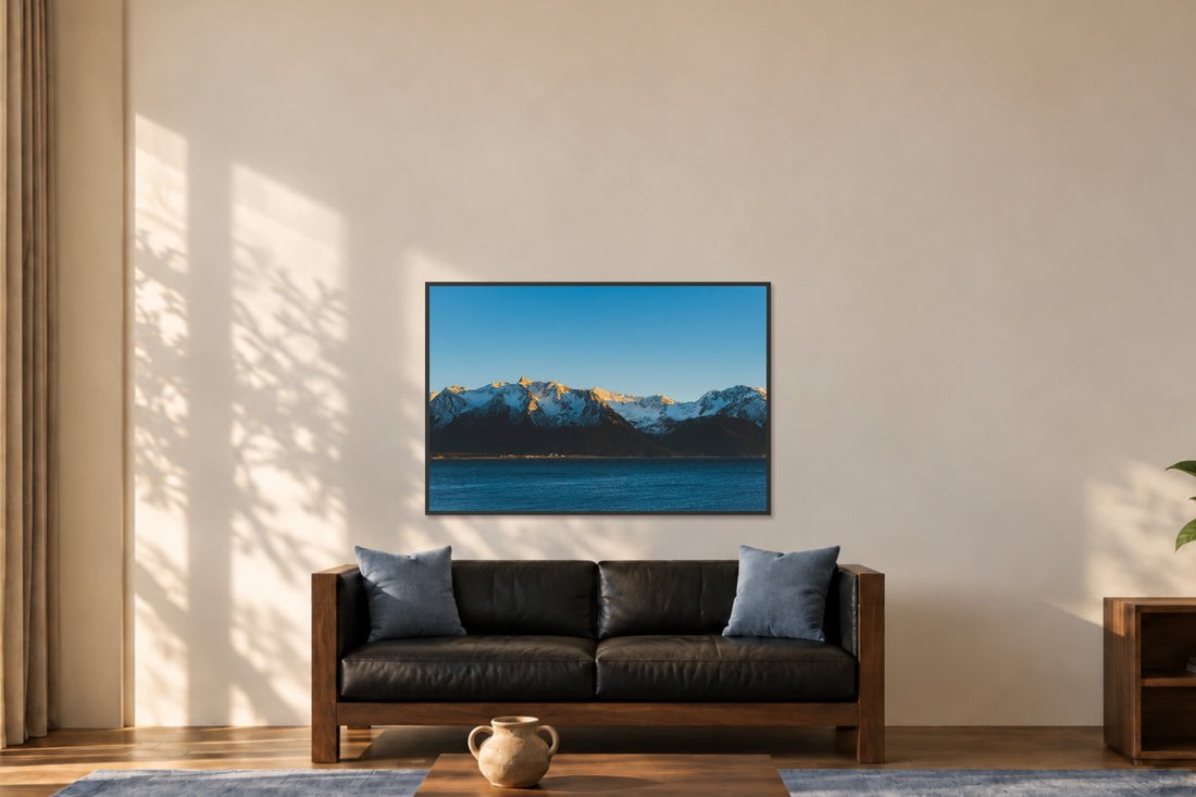 
Golden Ridge fine art photograph in a 40×60 black frame in a lounge.