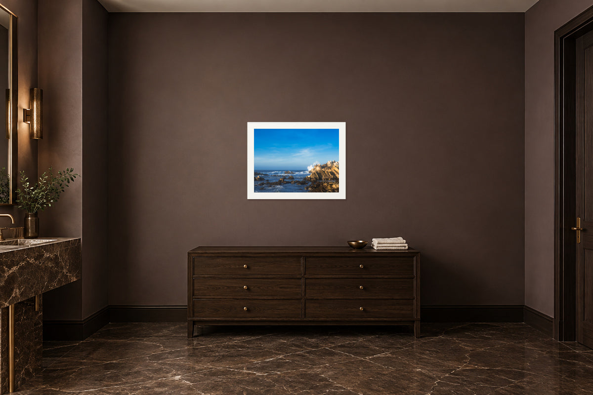 
Keep Fishing fine art print, 30×40 in white frame, powder room mockup