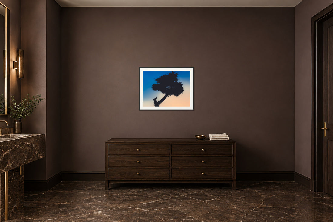 
Keep Your Balance fine art print, 30×40 in black frame, powder room mockup