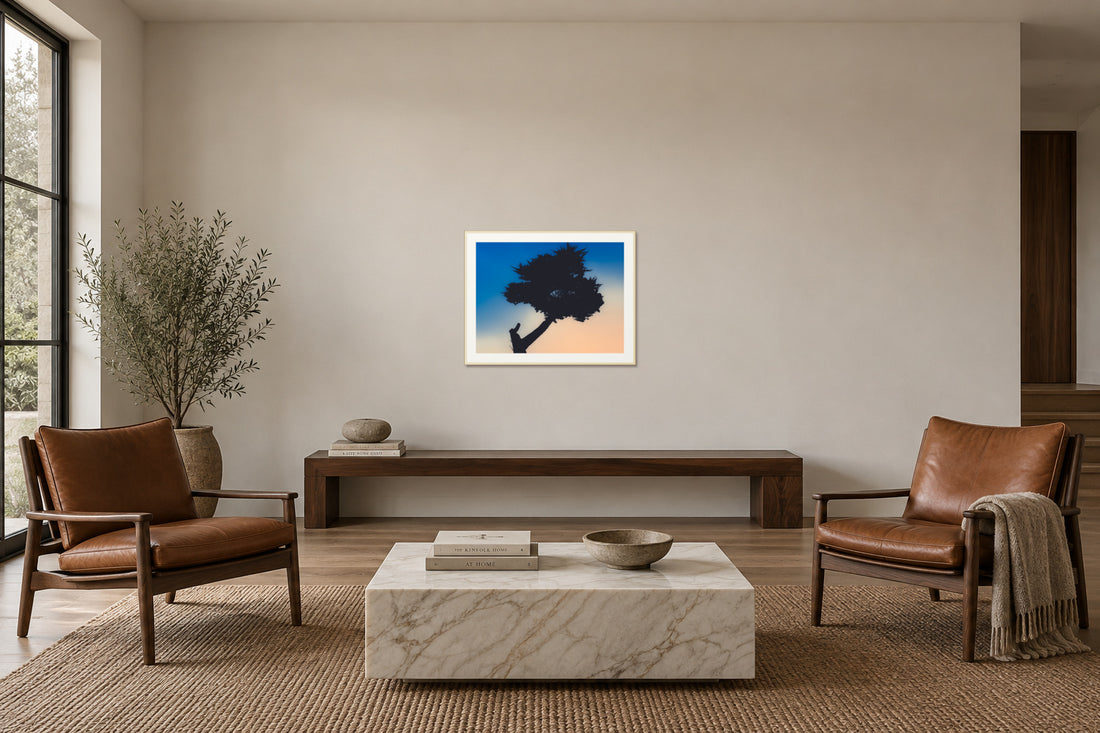 
Keep Your Balance fine art print, 30×40 in maple frame, sitting room mockup