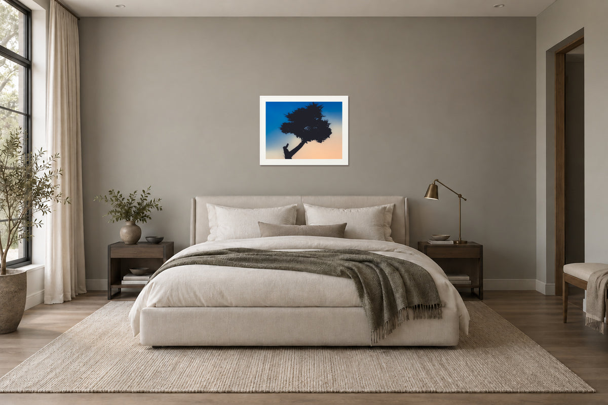 
Keep Your Balance fine art print, 30×40 in white frame, bedroom mockup