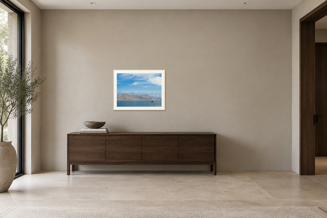
Lake Isabella fine art print, 30×40 in maple frame, hallway mockup