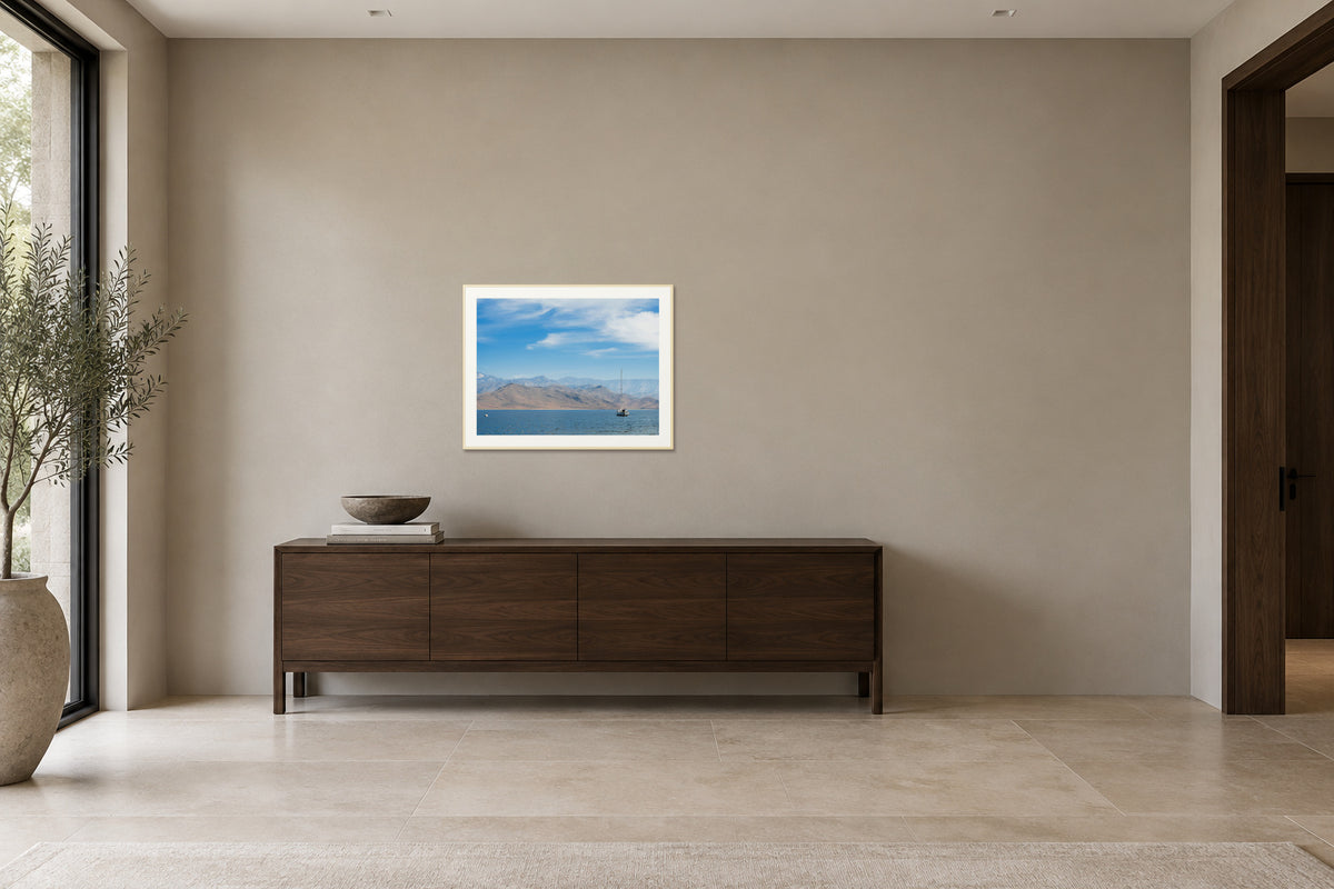 
Lake Isabella fine art print, 30×40 in maple frame, hallway mockup