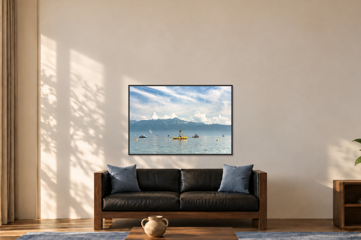 
L'enfant Bleu fine art photograph in a 40×60 black frame in a lounge.