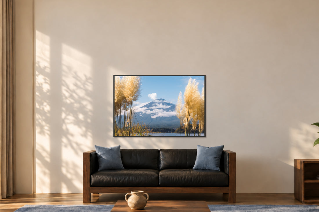 
Mount Fuji View fine art photograph in a 40×60 black frame in a lounge.