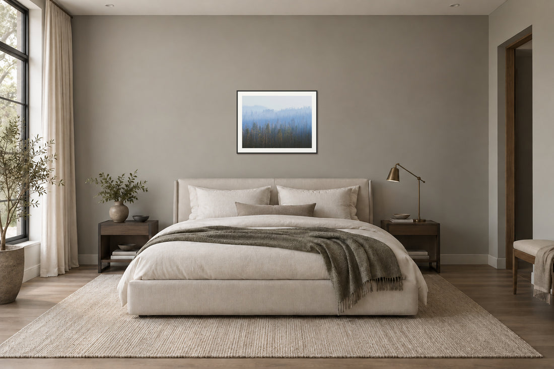 
Sequoia Waves fine art print, 30×40 in black frame, bedroom mockup