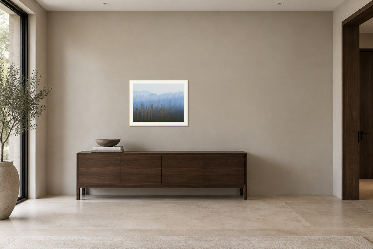 
Sequoia Waves fine art print, 30×40 in maple frame, hallway mockup