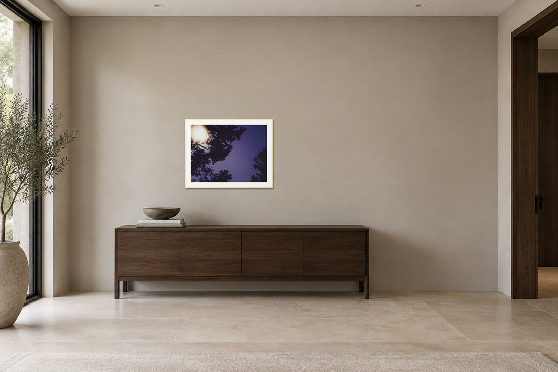
Sequoia Blues fine art print, 30×40 in maple frame, hallway mockup