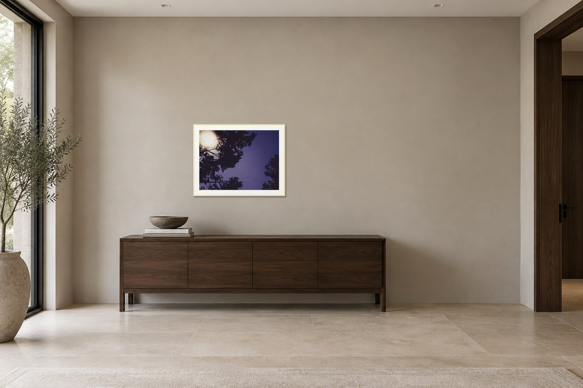 
Sequoia Blues fine art print, 30×40 in maple frame, hallway mockup