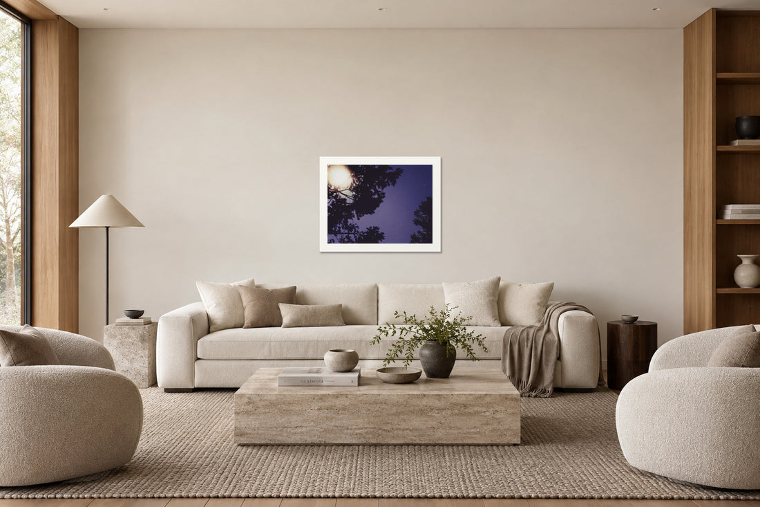 
Sequoia Blues fine art print, 30×40 in white frame, living mockup