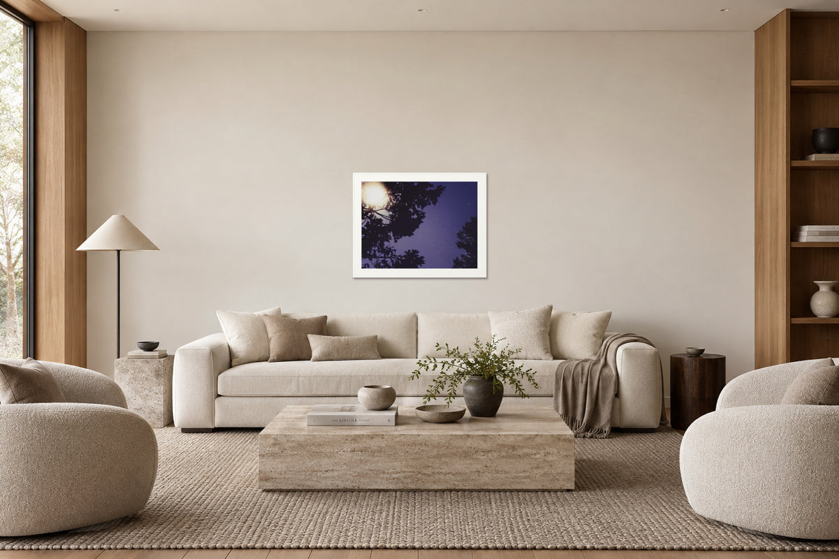 
Sequoia Blues fine art print, 30×40 in white frame, living mockup