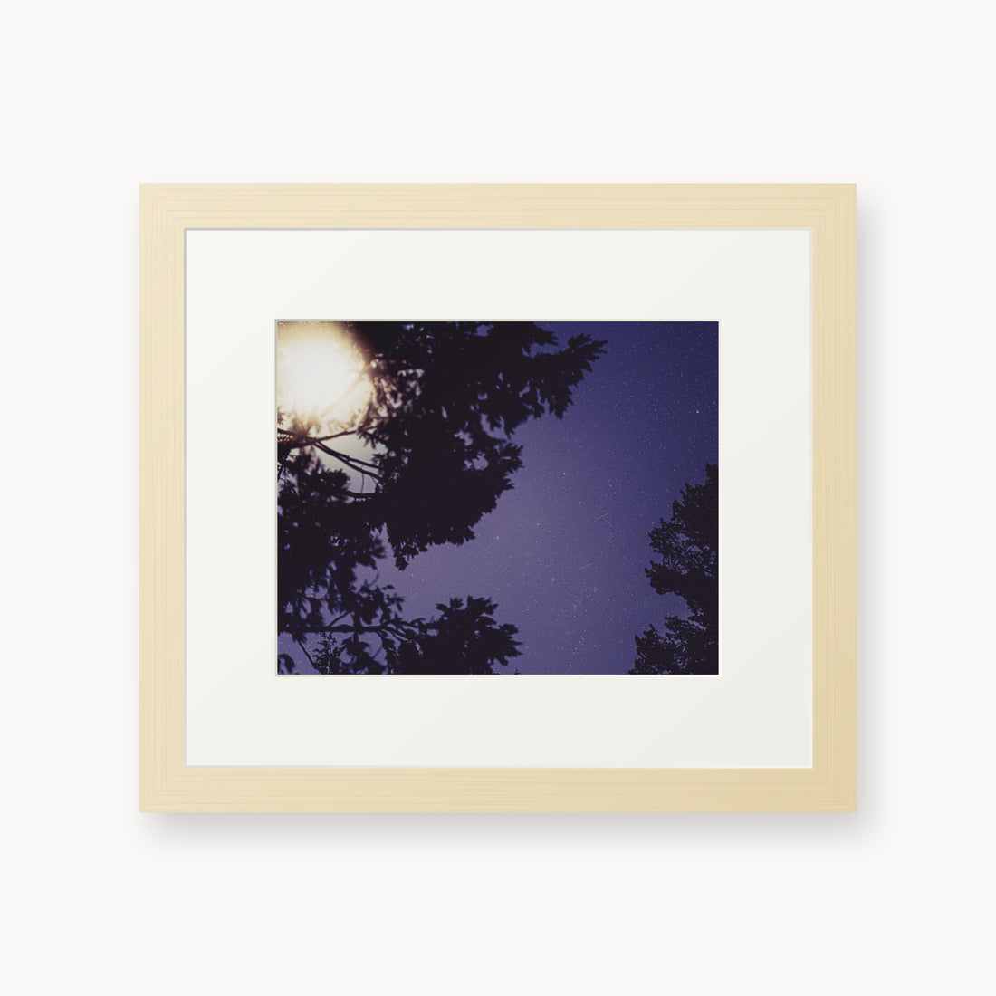 
Sequoia Blues — 8x10, maple frame. Tree silhouettes framing a starry violet-blue sky.