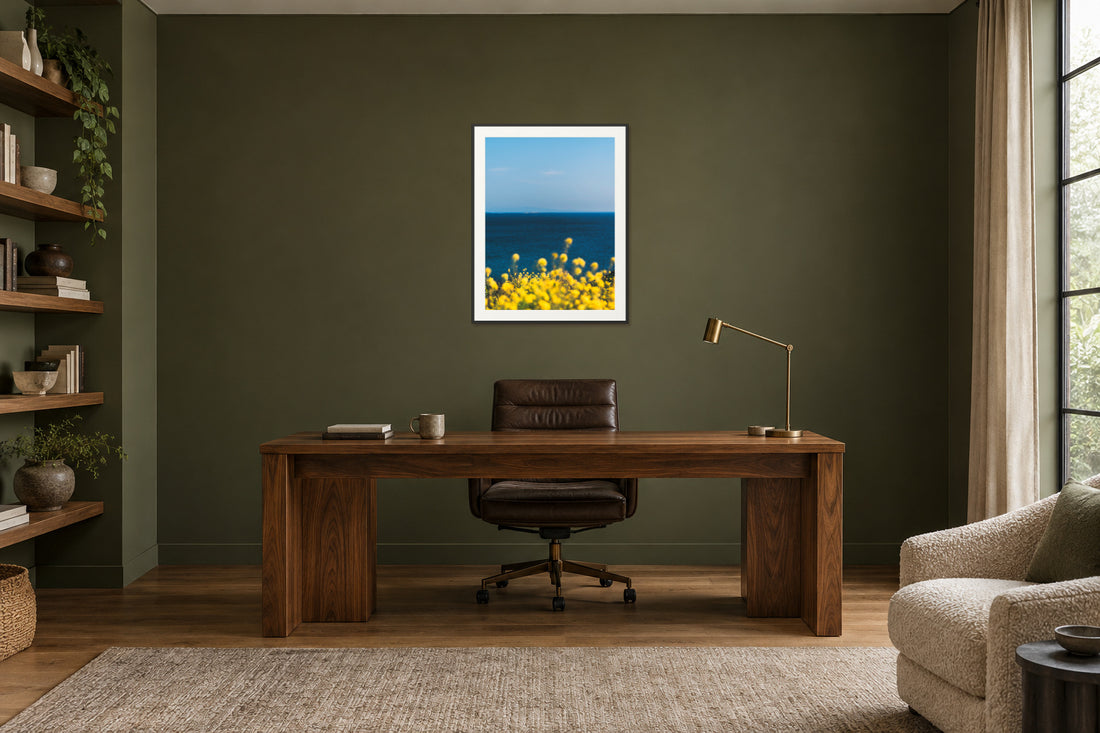 
The Sun is Always There fine art print, 30×40 in black frame, office mockup