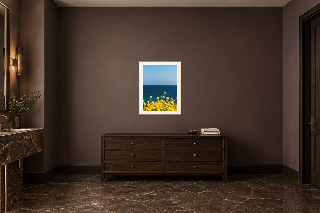 
The Sun is Always There fine art print, 30×40 in maple frame, powder room mockup
