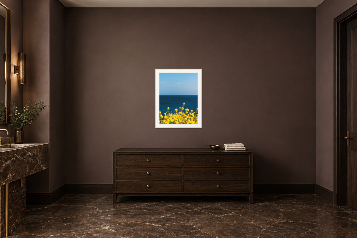 
The Sun is Always There fine art print, 30×40 in maple frame, powder room mockup