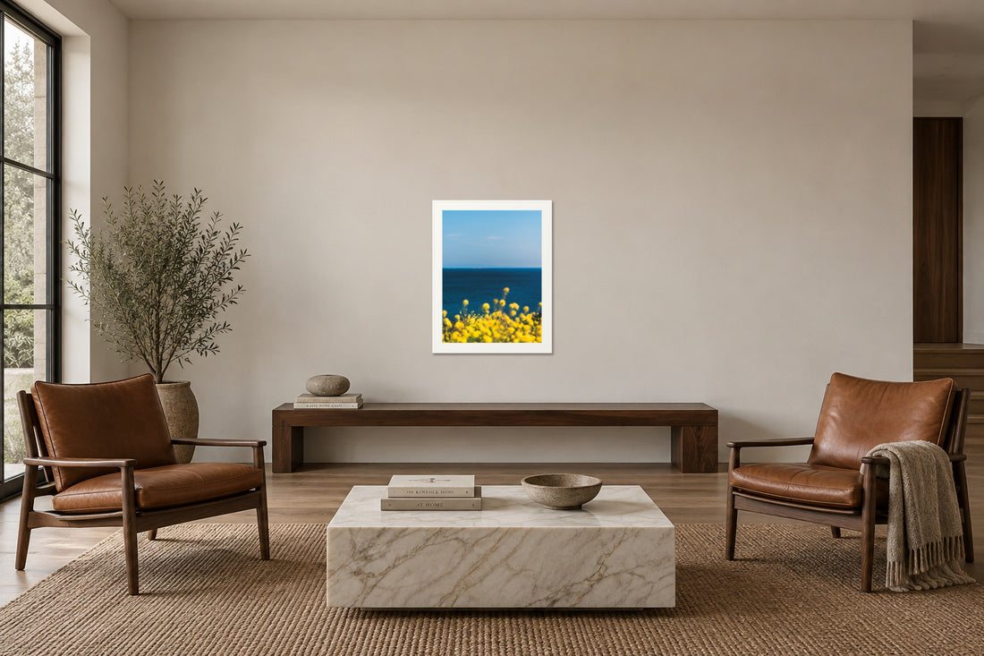 
The Sun is Always There fine art print, 30×40 in white frame, sitting room mockup