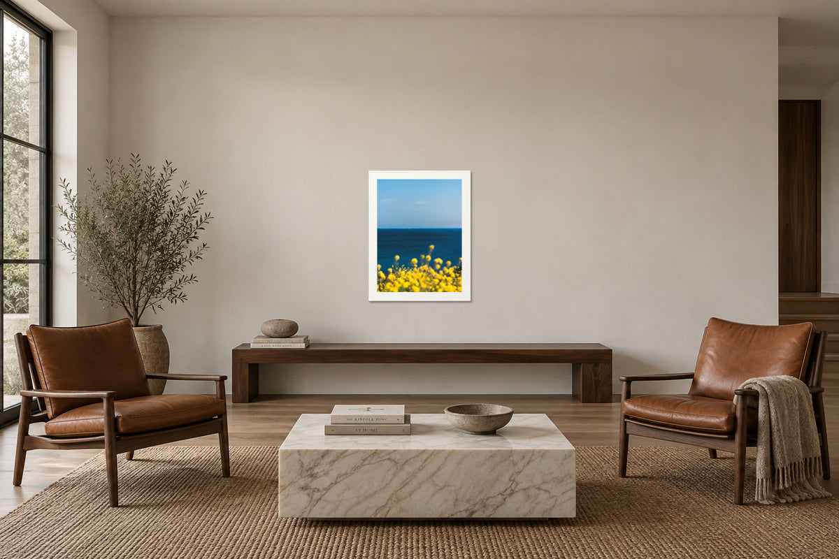 
The Sun is Always There fine art print, 30×40 in white frame, sitting room mockup