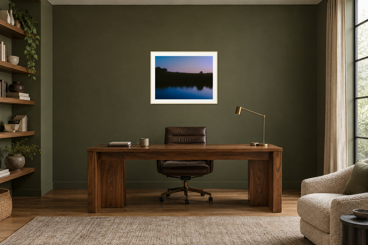 
What Lays Beneath fine art print, 30×40 in maple frame, office mockup