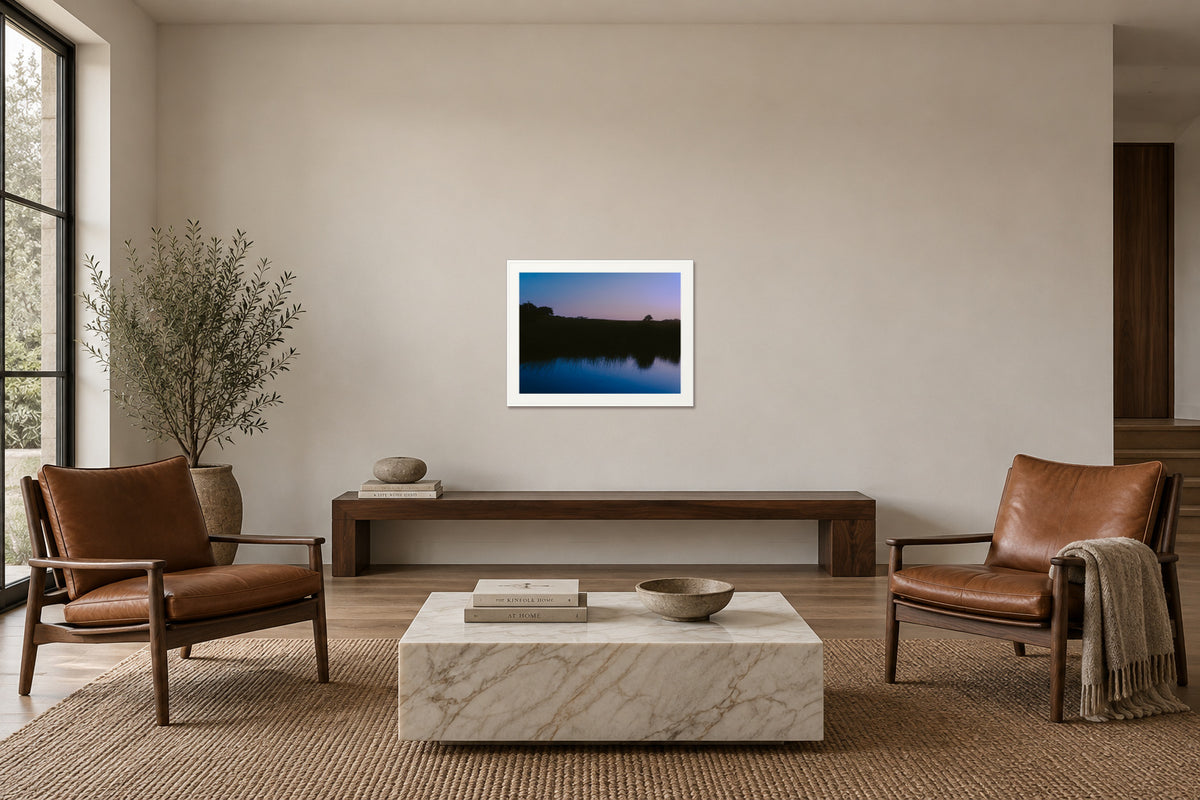 
What Lays Beneath fine art print, 30×40 in white frame, sitting room mockup