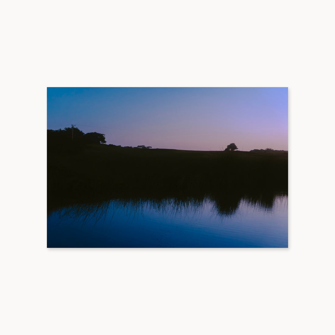 
What Lays Beneath — 40x60, unframed. Dark trees and a twilight shoreline reflected across blue water.