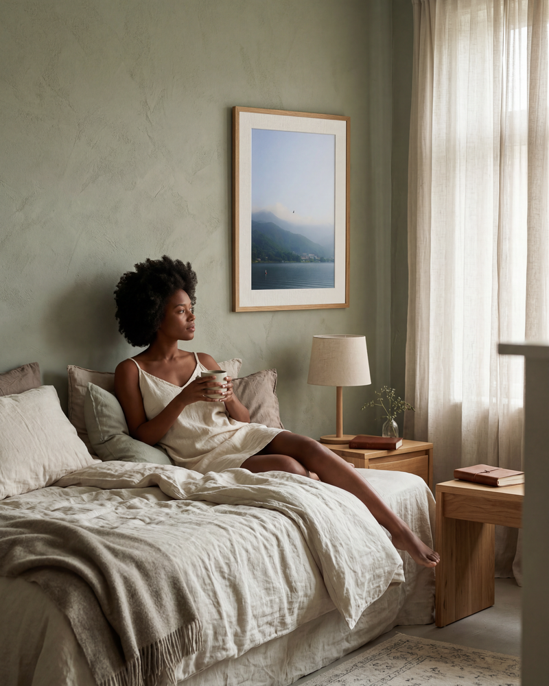 Woman sitting on a bed in a cozy bedroom with a blue calming framed museum quality photograph on the wall.
