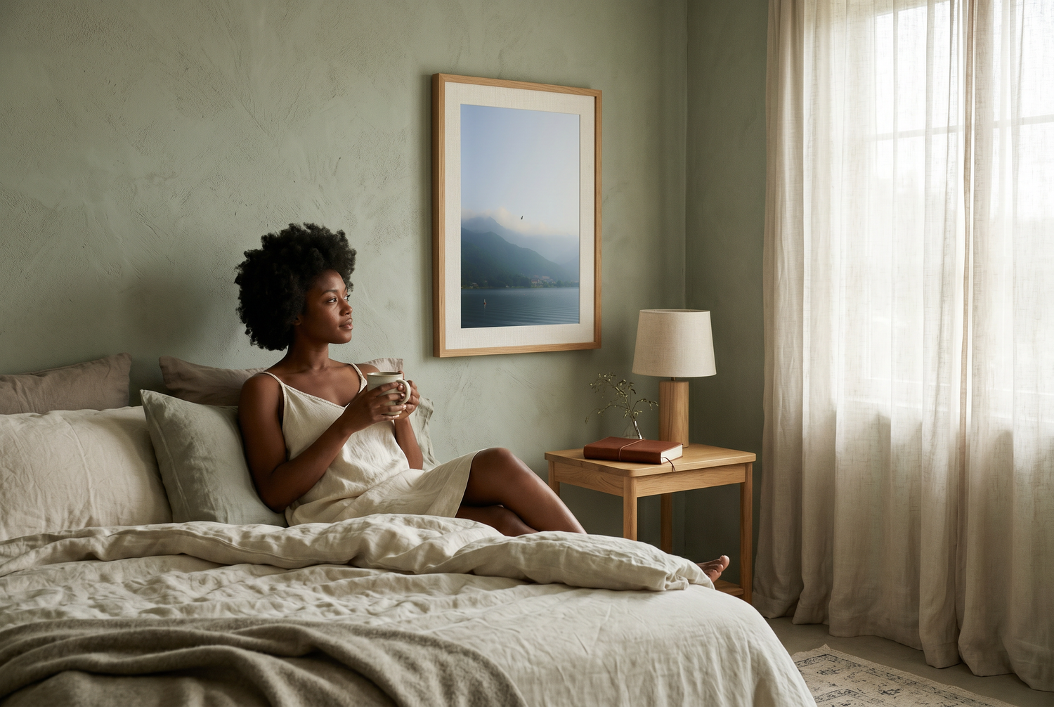 Cozy, soft, slow morning scene of woman drinking tea in the morning with a calming, blue fine art photograph in the background.
