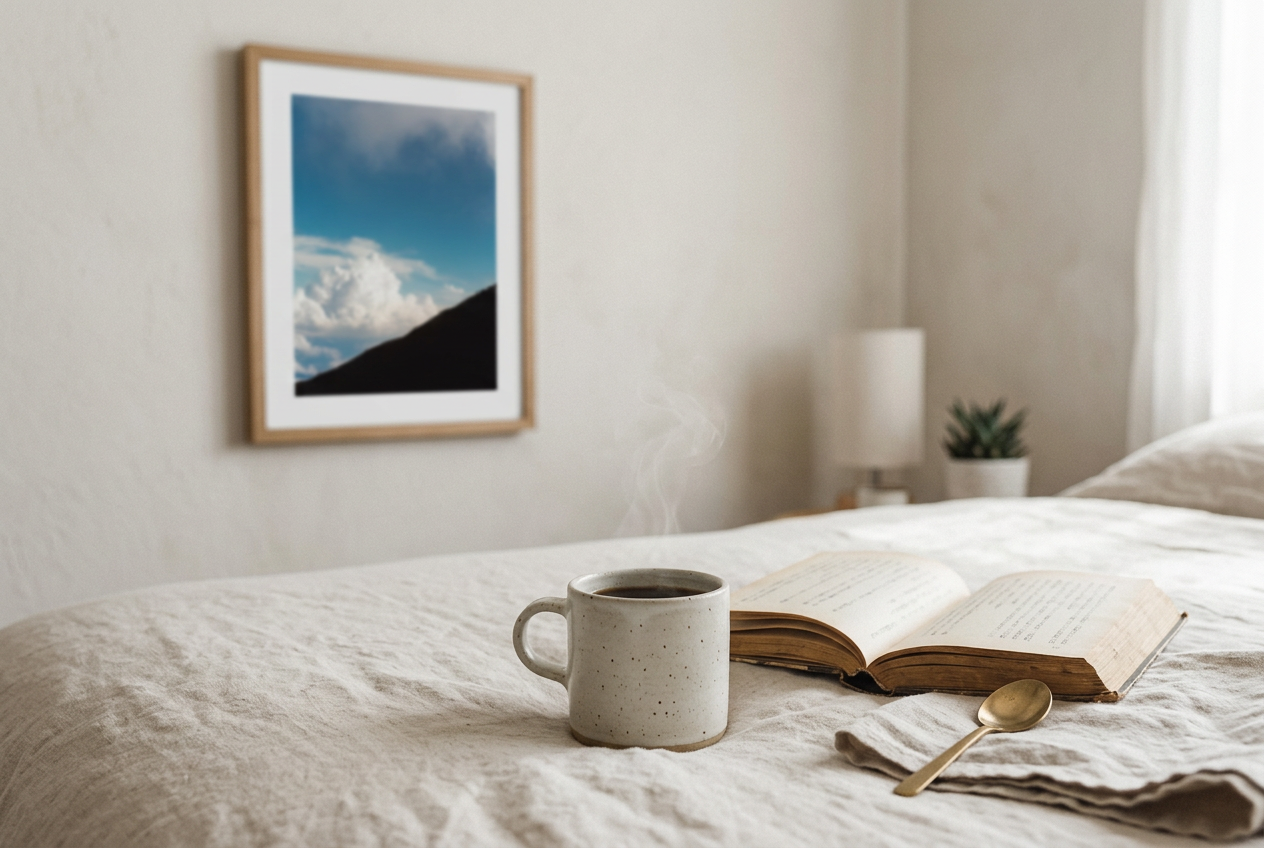 This minimalist mountain wall art features a blue sky landscape with a subtle human silhouette, creating a calm and reflective atmosphere. Perfect for modern and Scandinavian interiors, it adds depth and quiet elegance to any room.