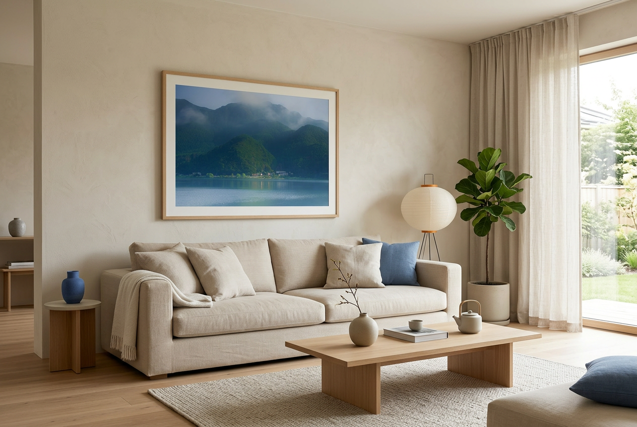 This misty lake mountain landscape wall art print captures serene blue tones and tranquil natural scenery, making it ideal for minimalist home decor. Designed for calming interiors, this fine art nature photography print enhances spaces with peaceful lake reflections, foggy mountain layers, and soft atmospheric light. A perfect choice for those seeking calming wall art, nature-inspired decor, or serene landscape prints for modern homes.