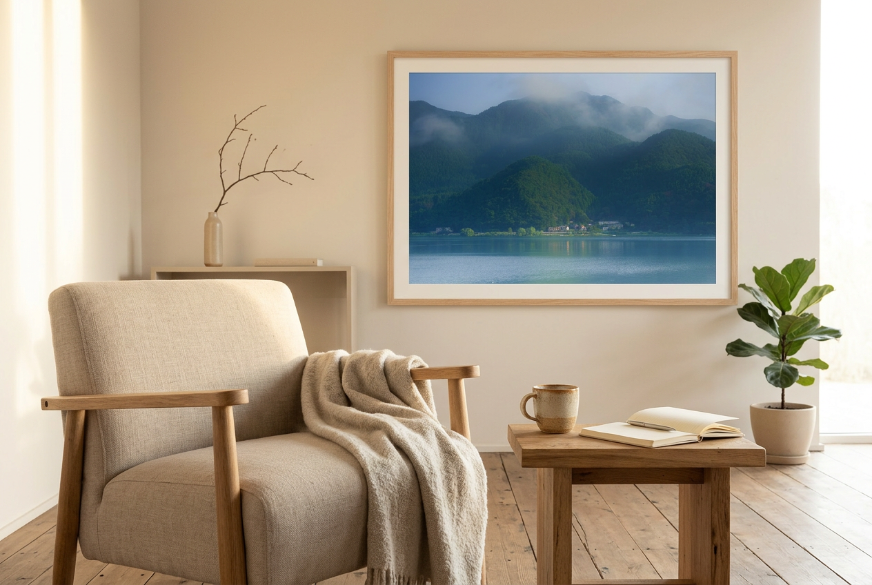 This misty lake mountain landscape wall art print captures serene blue tones and tranquil natural scenery, making it ideal for minimalist home decor. Designed for calming interiors, this fine art nature photography print enhances spaces with peaceful lake reflections, foggy mountain layers, and soft atmospheric light. A perfect choice for those seeking calming wall art, nature-inspired decor, or serene landscape prints for modern homes.