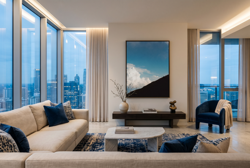 Modern luxury living room with city skyline view and minimal abstract fine art photography print