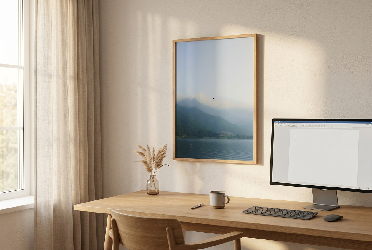 This minimalist mountain lake photography print features a serene blue-toned landscape with a bird in flight, making it ideal for calm wall art, Japandi decor, and modern minimalist interiors. Perfect for living rooms, bedrooms, and offices, this fine art print enhances spaces with soft blue hues, atmospheric depth, and a peaceful, elevated aesthetic.