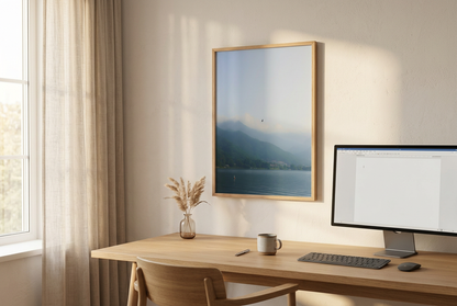 This minimalist mountain lake photography print features a serene blue-toned landscape with a bird in flight, making it ideal for calm wall art, Japandi decor, and modern minimalist interiors. Perfect for living rooms, bedrooms, and offices, this fine art print enhances spaces with soft blue hues, atmospheric depth, and a peaceful, elevated aesthetic.