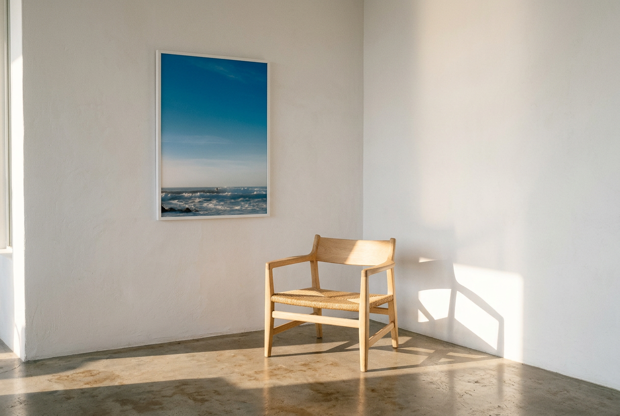 Wooden chair in a room with a large calming blue fine art photography on the wall.