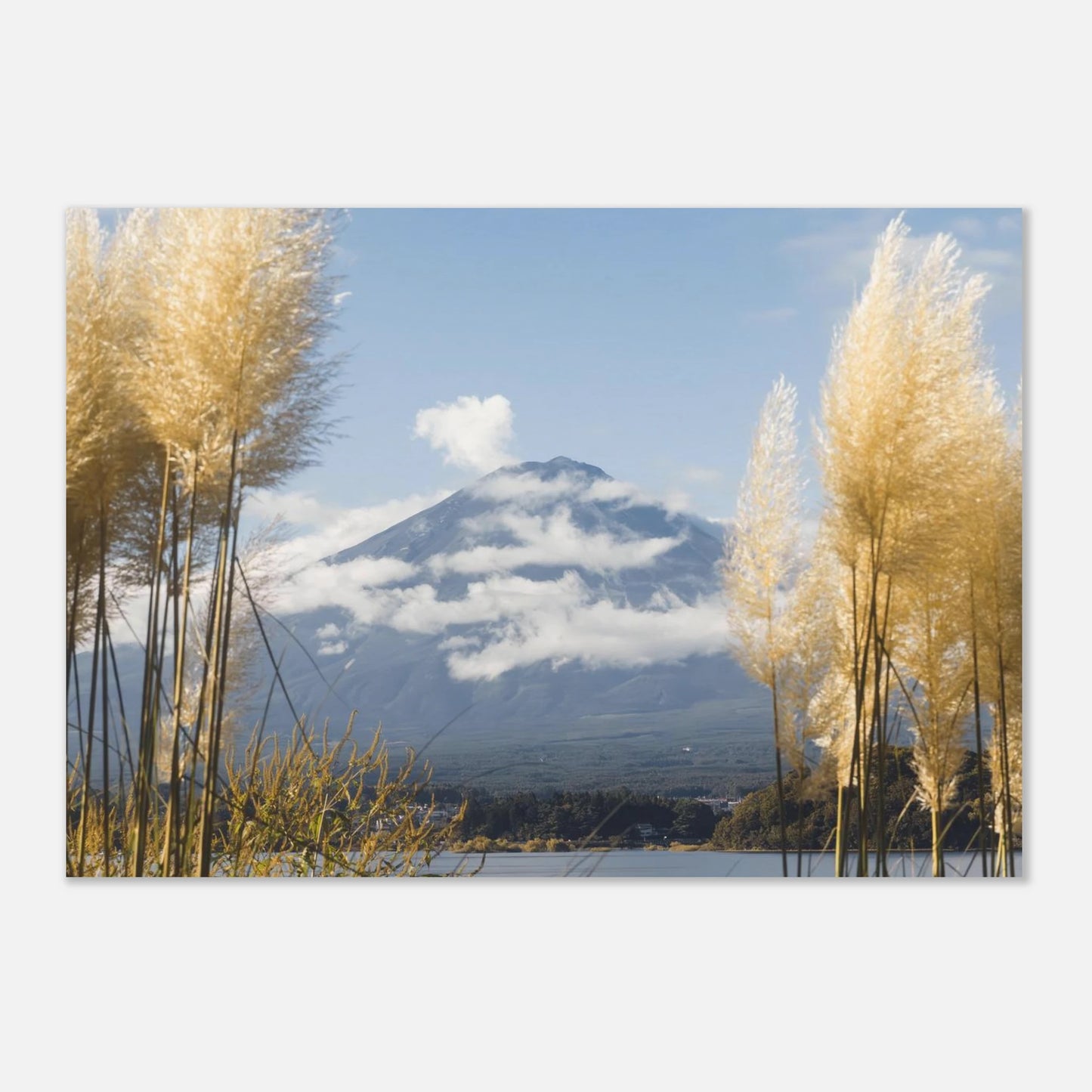 serene Japanese landscape with soft blue tones, golden natural elements, and a minimalist composition