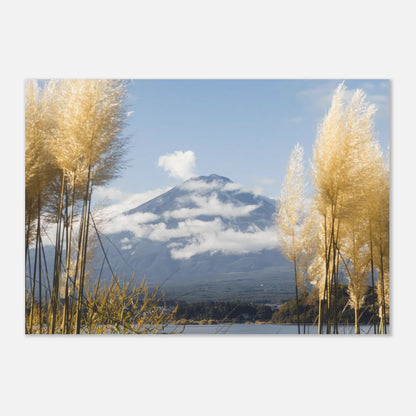 serene Japanese landscape with soft blue tones, golden natural elements, and a minimalist composition